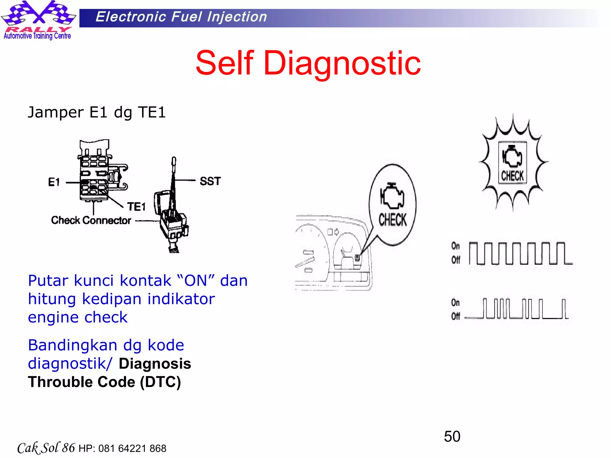 50
Electronic Fuel Injection
Cak Sol 86 HP: 081 64221 868
Self Diagnostic
Jamper E1 dg TE1
Putar kunci kontak “ON” dan
hitung kedipan indikator
engine check
Bandingkan dg kode
diagnostik/ Diagnosis
Throuble Code (DTC)
 