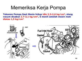 13
Memeriksa Kerja Pompa
Tekanan Pompa Saat Mesin hidup idle 2,3-2,6 kg/cm2, slang
vacum dicabut 2.7-3,1 kg/cm2, 5 menit setelah mesin mati
diatas 1,5 kg/cm2
 