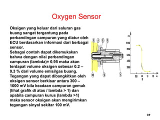 37
Oxygen Sensor
Oksigen yang keluar dari saluran gas
buang sangat tergantung pada
perbandingan campuran yang diatur oleh
ECU berdasarkan informasi dari berbagai
sensor.
Sebagai contoh dapat dikemukakan
bahwa dengan nilai perbandingan
campuran (lambda)= 0.95 maka akan
terdapat volume oksigen sebesar 0.2 –
0.3 % dari volume emisi/gas buang.
Tegangan yang dapat dibangkitkan oleh
oksigen sensor berkisar antara 300 –
1000 mV bila keadaan campuran gemuk
(lihat grafik di atas / lambda > 1) dan
apabila campuran kurus (lambda >1)
maka sensor oksigen akan mengirimkan
tegangan sinyal sekitar 100 mV.
 