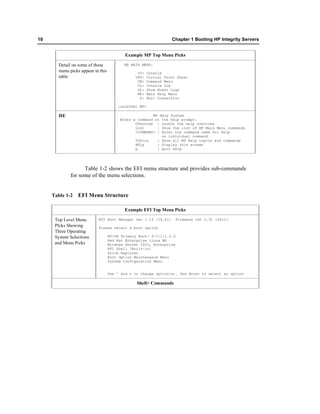 10                                                                 Chapter 1 Booting HP Integrity Servers


                                            Example MP Top Menu Picks

        Detail on some of these            MP MAIN MENU:
        menu picks appear in this                CO:    Console
        table                                   VFP:    Virtual Front Panel
                                                 CM:    Command Menu
                                                 CL:    Console Log
                                                 SL:    Show Event Logs
                                                 HE:    Main Help Menu
                                                  X:    Exit Connection

                                        [rx2600m] MP>

        HE                                              MP Help System
                                         Enter a command at the help prompt:
                                                OVerview : Launch the help overview
                                                LIst      : Show the list of MP Main Menu commands
                                                <COMMAND> : Enter the command name for help
                                                            on individual command
                                                TOPics    : Show all MP Help topics and commands
                                                HElp      : Display this screen
                                                Q         : Quit help




                    Table 1-2 shows the EFI menu structure and provides sub-commands
              for some of the menu selections.


     Table 1-2    EFI Menu Structure

                                           Example EFI Top Menu Picks

      Top Level Menu        EFI Boot Manager ver 1.10 [14.61]         Firmware ver 2.31 [4411]
      PIcks Showing         Please select a boot option
      Three Operating
      System Selections             HP-UX Primary Boot: 0/1/1/1.2.0
                                    Red Hat Enterprise Linux WS
      and Menu Picks                Windows Server 2003, Enterprise
                                    EFI Shell [Built-in]
                                    Drive Explorer
                                    Boot Option Maintenance Menu
                                    System Configuration Menu


                                    Use ^ and v to change option(s). Use Enter to select an option

                                                 Shell> Commands
 