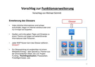 Vorschlag zur Funktionserweiterung
34
Erweiterung des Glossars
• Viele nützliche Informationen sind schwer
aufzufinden, liegen im Internet verstreut oder sind
nur im Kopf von Experten.
• Quellen und Links geben Tipps und Hinweise zu
einem Thema und zeigen auf weiterführende
Informationen oder Personen.
• Jeder WAP Nutzer kann das Glossar editieren.
Wirklich?
• Ein Glossareintrag ist vergleichbar mit einem
Wikipedia-Eintrag – aber speziell zu Themen aus
der ehrenamtlichen Arbeit, wie z.B. Projekt-
Funding, Flüchtlingssituation, Pressearbeit,
Freiwilligenmesse, usw.
Vorschlag von Michael Schmitt
Glossar
 
