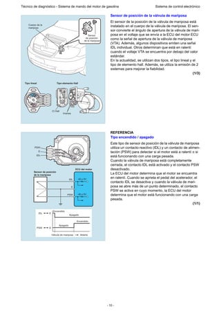 - 10 -
Técnico de diagnóstico - Sistema de mando del motor de gasolina Sistema de control electrónico
Sensor de posición de la válvula de mariposa
El sensor de la posición de la válvula de mariposa está
instalado en el cuerpo de la válvula de mariposa. El sen-
sor convierte el ángulo de apertura de la válvula de mari-
posa en el voltaje que se envía a la ECU del motor ECU
como la señal de apertura de la válvula de mariposa
(VTA). Además, algunos dispositivos emiten una señal
IDL individual. Otros determinan que está en ralentí
cuando el voltaje VTA se encuentra por debajo del valor
estándar.
En la actualidad, se utilizan dos tipos, el tipo lineal y el
tipo de elemento hall. Además, se utiliza la emisión de 2
sistemas para mejorar la fiabilidad.
(1/3)
REFERENCIA
Tipo encendido / apagado
Este tipo de sensor de posición de la válvula de mariposa
utiliza un contacto reactivo (IDL) y un contacto de alimen-
tación (PSW) para detectar si el motor está a ralentí o si
está funcionando con una carga pesada.
Cuando la válvula de mariposa está completamente
cerrada, el contacto IDL está activado y el contacto PSW
desactivado.
La ECU del motor determina que el motor se encuentra
en ralentí. Cuando se aprieta el pedal del acelerador, el
contacto IDL se desactiva y cuando la válvula de mari-
posa se abre más de un punto determinado, el contacto
PSW se activa en cuyo momento, la ECU del motor
determina que el motor está funcionando con una carga
pesada.
(1/1)
Sensor
de posición
de la mariposa
Cuerpo de la
mariposa
Tipo lineal Tipo elemento Hall
CI Hall
Imanes
Encendido
Encendido
Apagado
Apagado
EIDL
IDL +B o 5V
+B o 5V
E
PSW
IDL
E
PSW
EPSW
AbiertaVálvula de mariposa
ECU del motor
Sensor de posición
de la mariposa
 