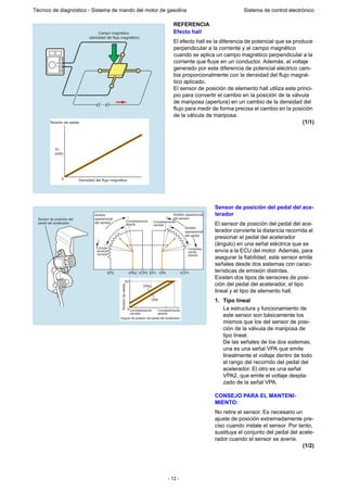- 12 -
Técnico de diagnóstico - Sistema de mando del motor de gasolina Sistema de control electrónico
REFERENCIA
Efecto hall
El efecto hall es la diferencia de potencial que se produce
perpendicular a la corriente y al campo magnético
cuando se aplica un campo magnético perpendicular a la
corriente que fluye en un conductor. Además, el voltaje
generado por esta diferencia de potencial eléctrico cam-
bia proporcionalmente con la densidad del flujo magné-
tico aplicado.
El sensor de posición de elemento hall utiliza este princi-
pio para convertir el cambio en la posición de la válvula
de mariposa (apertura) en un cambio de la densidad del
flujo para medir de forma precisa el cambio en la posición
de la válvula de mariposa.
(1/1)
Sensor de posición del pedal del ace-
lerador
El sensor de posición del pedal del ace-
lerador convierte la distancia recorrida al
presionar el pedal del acelerador
(ángulo) en una señal eléctrica que se
envía a la ECU del motor. Además, para
asegurar la fiabilidad, este sensor emite
señales desde dos sistemas con carac-
terísticas de emisión distintas.
Existen dos tipos de sensores de posi-
ción del pedal del acelerador, el tipo
lineal y el tipo de elemento hall.
1. Tipo lineal
La estructura y funcionamiento de
este sensor son básicamente los
mismos que los del sensor de posi-
ción de la válvula de mariposa de
tipo lineal.
De las señales de los dos sistemas,
una es una señal VPA que emite
linealmente el voltaje dentro de todo
el rango del recorrido del pedal del
acelerador. El otro es una señal
VPA2, que emite el voltaje despla-
zado de la señal VPA.
CONSEJO PARA EL MANTENI-
MIENTO:
No retire el sensor. Es necesario un
ajuste de posición extremadamente pre-
ciso cuando instale el sensor. Por tanto,
sustituya el conjunto del pedal del acele-
rador cuando el sensor se averíe.
(1/2)
0
VH
(mA)
Tensión de salida
Densidad del flujo magnético
Campo magnético
(densidad del flujo magnético)
Sensor de posición del
pedal del acelerador
Completamente
abierta
Completamente
cerrada
5V
Tensióndesalida
VPA
VPA2
Ambito
operacional
del sensor
Ambito operacional
del sensor
Completa-
mente
abierta
Completamente
cerrada
EP2 EP1VPA2 VPAVCP2 VCP1
Completamente
abierta
Comple-
tamente
cerrada
0
Angulo de presión del pedal del acelerador
Ambito
operacional
del pedal
 