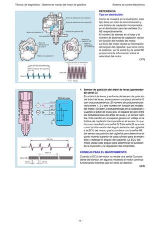 - 14 -
Técnico de diagnóstico - Sistema de mando del motor de gasolina Sistema de control electrónico
REFERENCIA
Tipo en distribuidor
Como se muestra en la ilustración, este
tipo tiene un rotor de sincronización y
una bobina de captación incorporados
en el distribuidor para las señales G y
NE respectivamente.
El número de dientes en el rotor y el
número de bobinas de captación varían
en función del modelo del motor.
La ECU del motor recibe la información
del ángulo del cigüeñal, que sirve como
el estándar, por la señal G y la señal NE
proporciona la información sobre la
velocidad del motor.
(1/1)
1. Sensor de posición del árbol de levas (generador
de señal G)
En el árbol de levas, y enfrente del sensor de posición
del árbol de levas, se encuentra una placa de señal G
con una protuberancia. El número de protuberancias
varía entre 1, 3 u otro número en función del modelo
del motor. (Existen 3 protuberancias en la ilustración.)
Cuando el árbol de levas gira, el espacio de aire entre
las protuberancias del árbol de levas y el sensor cam-
bia. Este cambio en el espacio genera un voltaje en la
bobina de captación incorporada en el sensor, lo que
da como resultado una señal G. Esta señal G se envía
como la información del ángulo estándar del cigüeñal
a la ECU del motor, que la combina con la señal NE
del sensor de posición del cigüeñal para determinar el
punto muerto superior de cada cilindro para el encen-
dido y detectar el ángulo del cigüeñal. La ECU del
motor utiliza este ángulo para determinar la duración
de la inyección y la regulación del encendido.
CONSEJO PARA EL MANTENIMIENTO:
Cuando la ECU del motor no recibe una señal G proce-
dente del sensor, en algunos modelos el motor continúa
funcionando mientras que en otros se detiene.
(2/3)
Rotor de distribución de la señal G
Señal G
Señal NE
Rotor de
distribución de
la señal G
Bobina de captación G
Bobina de captación G
Eje distribuidor
Bobina de captación NE
Bobina de
captación NE
Rotor de distribución de la señal NE
Rotor de
distribución
de la señal NE
30°CA
180°CA (ángulo del cigüeñal)
1 giro del rotor de distribución
1/2 giro del rotor de distribución
ECU del motor
G22
G22
NE
NE
E1
720°CA
360°CA
30°CA10°CA
Señal G
Señal NE
G
NE
 