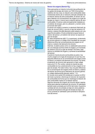 - 17 -
Técnico de diagnóstico - Sistema de mando del motor de gasolina Sistema de control electrónico
Sensor de oxígeno (Sensor O2)
Para aprovechar al máximo la función de purificación de
los gases de escape del motor con TWC (Convertidor
catalítico de tres vías), la relación aire-combustible debe
mantenerse dentro de un estrecho intervalo alrededor de
la relación teórica de aire-combustible. El sensor de oxí-
geno detecta si la concentración de oxígeno en el gas de
escape es mayor o menor que la relación teórica de aire-
combustible. El sensor está principalmente instalado en
el colector de escape, pero su ubicación y número varía
en función del motor.
El sensor de oxígeno contiene un elemento fabricado de
óxido de zirconio (ZrO2), que es un tipo de cerámica. El
interior y exterior de este elemento está cubierto con una
capa fina de platino. El aire ambiental se guía hacia el
interior del sensor y el exterior del sensor se expone al
gas de escape.
En altas temperaturas (400 °C y superiores), el elemento
de zirconio genera un voltaje como resultado de una gran
diferencia entre las concentraciones de oxígeno en el
interior y exterior del elemento de zirconio.
Además, el platino actúa como un catalizador para provo-
car una reacción química entre el oxígeno y el monóxido
de carbono (CO) en el gas de escape. Por tanto, esto
reduce la cantidad de oxígeno y aumenta la sensibilidad
del sensor.
Cuando la mezcla de aire-combustible es pobre, hay
mucho oxígeno en el gas de escape por lo que hay una
pequeña diferencia en la concentración de oxígeno entre
el interior y el exterior del elemento de zirconio. Por tanto,
el elemento de zirconio sólo generará un bajo voltaje
(cerca de 0 V). Por contra, cuando la mezcla de aire-
combustible es rica, prácticamente no hay oxígeno en el
gas de escape. Por este motivo, hay una gran diferencia
en la concentración de oxígeno entre el interior y exterior
del sensor de forma que el elemento de zirconio genera
un voltaje relativamente elevado (aprox. 1 V).
En función de la señal OX emitida por el sensor, la ECU
del motor aumenta o disminuye el volumen de inyección
de combustible de forma que se mantenga la relación de
aire combustible media en la relación teórica.
Algunos sensores de oxígeno de zirconio tienen calenta-
dores para calentar el elemento de zirconio. El calentador
también está controlado por la ECU del motor. Cuando la
cantidad del aire de entrada es baja (en otras palabras,
cuando la temperatura del gas de escape es baja), se
envía corriente al calentador para aumentar la tempera-
tura del sensor.
(1/1)
ECU
E1
OX
Sonda
de
oxígeno
Relación teórica aire-combustible
Aire ambiente
Mucho aire
en los gases
e escape
Sin aire en
los gases
de escape
Gases de escape
Cubierta protectora
Brida
Platino
Platino
Elemento de circonio
5V0.45V
Relación aire-combustible
Tensiónsalida(V)
Más rica
0
1
Más pobre
R
V
 