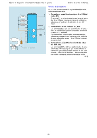 - 3 -
Técnico de diagnóstico - Sistema de mando del motor de gasolina Sistema de control electrónico
Circuito de toma a tierra
La ECU del motor contiene los siguientes tres circuitos
básicos de toma a tierra.
1. Toma a tierra para el funcionamiento de la ECU del
motor (E1)
El terminal E1 es el terminal de toma a tierra de la uni-
dad de la ECU del motor y normalmente está conec-
tado cerca de la cámara de admisión de aire del
motor.
2. Tomas a tierra de los sensores (E2, E21)
Los terminales E2 y E21 son los terminales de toma a
tierra de los sensores y están conectados al terminal
E1 en la ECU del motor.
Estos terminales evitan que los sensores detecten
valores de voltaje erróneos manteniendo el potencial
de toma a tierra del sensor y de la ECU del motor en
el mismo nivel.
3. Tomas a tierra para el funcionamiento del actua-
dor (E01, E02)
Los terminales E01 y E02 son los terminales de toma
a tierra del actuador, al igual que los actuadores, la
válvula ISC y el calefactor de la relación de aire com-
bustible y como con el terminal E1, están conectados
cerca de la cámara de admisión de aire del motor.
(1/1)
ECU del motor
Sensores
E2
E21
E1
E01
E02
+B
+B
+B
Actuadores
Cámara aire de admisión
 