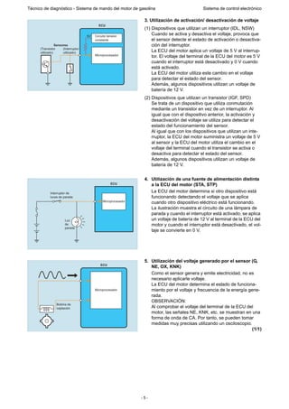 - 5 -
Técnico de diagnóstico - Sistema de mando del motor de gasolina Sistema de control electrónico
3. Utilización de activación/ desactivación de voltaje
(1) Dispositivos que utilizan un interruptor (IDL, NSW)
Cuando se activa y desactiva el voltaje, provoca que
el sensor detecte el estado de activación o desactiva-
ción del interruptor.
La ECU del motor aplica un voltaje de 5 V al interrup-
tor. El voltaje del terminal de la ECU del motor es 5 V
cuando el interruptor está desactivado y 0 V cuando
está activado.
La ECU del motor utiliza este cambio en el voltaje
para detectar el estado del sensor.
Además, algunos dispositivos utilizan un voltaje de
batería de 12 V.
(2) Dispositivos que utilizan un transistor (IGF, SPD)
Se trata de un dispositivo que utiliza conmutación
mediante un transistor en vez de un interruptor. Al
igual que con el dispositivo anterior, la activación y
desactivación del voltaje se utiliza para detectar el
estado del funcionamiento del sensor.
Al igual que con los dispositivos que utilizan un inte-
rruptor, la ECU del motor suministra un voltaje de 5 V
al sensor y la ECU del motor utiliza el cambio en el
voltaje del terminal cuando el transistor se activa o
desactiva para detectar el estado del sensor.
Además, algunos dispositivos utilizan un voltaje de
batería de 12 V.
4. Utilización de una fuente de alimentación distinta
a la ECU del motor (STA, STP)
La ECU del motor determina si otro dispositivo está
funcionando detectando el voltaje que se aplica
cuando otro dispositivo eléctrico está funcionando.
La ilustración muestra el circuito de una lámpara de
parada y cuando el interruptor está activado, se aplica
un voltaje de batería de 12 V al terminal de la ECU del
motor y cuando el interruptor está desactivado, el vol-
taje se convierte en 0 V.
5. Utilización del voltaje generado por el sensor (G,
NE, OX, KNK)
Como el sensor genera y emite electricidad, no es
necesario aplicarle voltaje.
La ECU del motor determina el estado de funciona-
miento por el voltaje y frecuencia de la energía gene-
rada.
OBSERVACIÓN:
Al comprobar el voltaje del terminal de la ECU del
motor, las señales NE, KNK, etc. se muestran en una
forma de onda de CA. Por tanto, se pueden tomar
medidas muy precisas utilizando un osciloscopio.
(1/1)
Microprocesador
ECU
Sensores
(Transistor
utilizado)
(Interruptor
utilizado)
5V Circuito tensión
constante
Luz
de
parada
Microprocesador
ECU
Interruptor de
luces de parada
Microprocesador
ECU
Bobina de
captación
 