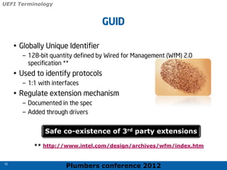Plumbers conference 2012
12
12
GUID
• Globally Unique Identifier
– 128-bit quantity defined by Wired for Management (WfM) 2.0
specification **
• Used to identify protocols
– 1:1 with interfaces
• Regulate extension mechanism
– Documented in the spec
– Added through drivers
Safe co-existence of 3rd party extensions
** http://www.intel.com/design/archives/wfm/index.htm
UEFI Terminology
 