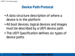 Plumbers conference 2012
16
16
Device Path Protocol
• A data structure description of where a
device is in the platform
• All boot devices, logical devices and images
must be described by a UEFI device path
• The UEFI Specification defines six types of
device paths
UEFI Terminology
 