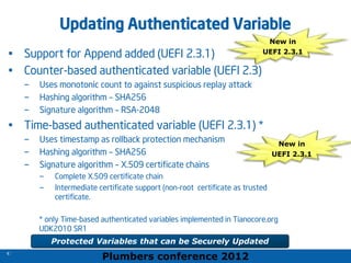 Plumbers conference 2012
45
45
Updating Authenticated Variable
• Support for Append added (UEFI 2.3.1)
• Counter-based authenticated variable (UEFI 2.3)
– Uses monotonic count to against suspicious replay attack
– Hashing algorithm – SHA256
– Signature algorithm – RSA-2048
• Time-based authenticated variable (UEFI 2.3.1) *
– Uses timestamp as rollback protection mechanism
– Hashing algorithm – SHA256
– Signature algorithm – X.509 certificate chains
– Complete X.509 certificate chain
– Intermediate certificate support (non-root certificate as trusted
certificate.
* only Time-based authenticated variables implemented in Tianocore.org
UDK2010 SR1
45
Protected Variables that can be Securely Updated
New in
UEFI 2.3.1
New in
UEFI 2.3.1
 