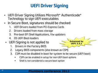 Plumbers conference 2012
47
47
UEFI Driver Signing
• UEFI Driver Signing Utilizes Microsoft* Authenticode*
Technology to sign UEFI executables
• In Secure Boot, signatures should be checked:
1. UEFI Drivers loaded from PCI-Express Cards
2. Drivers loaded from mass storage
3. Pre-boot EFI Shell Applications, f/w updaters
4. OS UEFI Boot-loaders
• UEFI Signing is not applied to
1. Drivers in the Factory BIOS
2. Legacy BIOS components (also known as CSM)
3. CSM must be disabled in boot for system to be secure (UEFI boot)
 CSM can be enabled in setup for non-UEFI boot options
 Shell is not considered a secure boot option
Enhanced by
UEFI 2.3.1
 