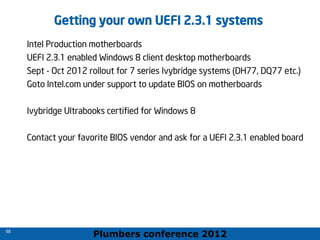 Plumbers conference 2012
55
55
Getting your own UEFI 2.3.1 systems
Intel Production motherboards
UEFI 2.3.1 enabled Windows 8 client desktop motherboards
Sept - Oct 2012 rollout for 7 series Ivybridge systems (DH77, DQ77 etc.)
Goto Intel.com under support to update BIOS on motherboards
Ivybridge Ultrabooks certified for Windows 8
Contact your favorite BIOS vendor and ask for a UEFI 2.3.1 enabled board
 