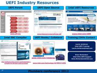 Plumbers conference 2012
57
57
UEFI Industry Resources
www.uefi.org www.tianocore.sourceforge.net
UEFI Open Source
UEFI Forum
www.intel.com/UDK
Intel UEFI Resources
Training/IHVs Contact
http://software.intel.com/en-us/articles/intel-c-
compiler-for-efi-byte-code-purchase/
Intel EBC Compiler
www.intel.com/intelpress
UEFI Books/ Collateral
Laurie Jarlstrom
• Intel UEFI Training
• Laurie.Jarlstrom@intel.com
Brian Richardson
• Intel IHVs UEFI Support
• Brian.Richardson@intel.com
www.intel.com/technology/itj/2011/v15i1
 