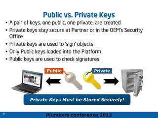 Plumbers conference 2012
67
67
Public vs. Private Keys
• A pair of keys, one public, one private, are created
• Private keys stay secure at Partner or in the OEM’s Security
Office
• Private keys are used to ‘sign’ objects
• Only Public keys loaded into the Platform
• Public keys are used to check signatures
Private Keys Must be Stored Securely!
Public Private
 