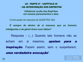 23
Continuação da resposta da QUESTÃO 462.
É sempre de dentro de si mesmos que os homens
inteligentes e de gênio tiram suas idéias?
Resposta - (...) Quando tais homens não as
acham em si mesmos, apelam para a
inspiração. Fazem assim, sem o suspeitarem,
uma verdadeira evocação”.
Expositor: Gil Braga.
Psicólogo e Professor
LE - PARTE 2ª - CAPÍTULO IX
- DA INTERVENÇÃO DOS ESPÍRITOS
Influência oculta dos Espíritos
em nossos pensamentos e atos.
 