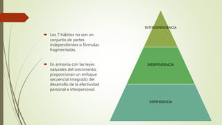  Los 7 hábitos no son un
conjunto de partes
independientes o fórmulas
fragmentadas.
 En armonía con las leyes
naturales del crecimiento,
proporcionan un enfoque
secuencial integrado del
desarrollo de la efectividad
personal e interpersonal.
INTERDEPENDENCIA
INDEPENDENCIA
DEPENDENCIA
 