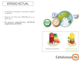 ESTADO ACTUAL

•   La temperatura del planeta a aumentado 1.2 grados
    en 100 años

•   Reducción de 12,7% entre 1990-2009, esto es un
    0,67% anual

•   CE nuevas regulaciones, 20/20/20
    cumplimiento de KIOTO.




                                                                    ADR
                                                        arquitectura y energía
                                                                   noviembre 2012
 