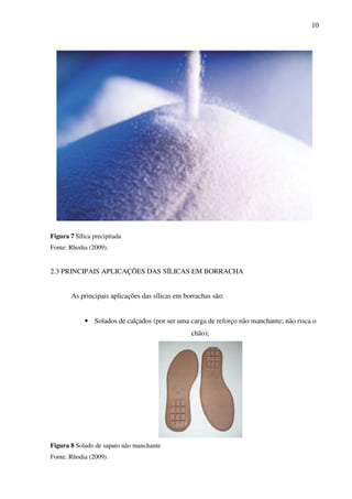 10




Figura 7 Sílica precipitada
Fonte: Rhodia (2009).


2.3 PRINCIPAIS APLICAÇÕES DAS SÍLICAS EM BORRACHA


       As principais aplicações das sílicas em borrachas são:


             • Solados de calçados (por ser uma carga de reforço não manchante; não risca o
                                                 chão);




Figura 8 Solado de sapato não manchante
Fonte: Rhodia (2009).
 