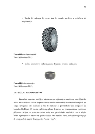 12




           • Banda de rodagem de pneus fora de estrada (melhora a resistência ao
           rasgamento);




Figura 11 Pneus fora de estrada
Fonte: Bridgestone (2012).


           • Coxins automotivos (reduz a geração de calor e favorece a adesão);




Figura 12 Coxim automotivo
Fonte: Bridgestone (2012).


2.4 SÍLICA VS NEGRO DE FUMO


       Borrachas naturais e sintéticas são raramente aplicadas na sua forma pura. Elas são
muito fracas devido à falta de propriedades de dureza, resistência e resistência ao desgaste. As
cargas reforçantes são utilizadas a fim de melhorar as propriedades dos compostos de
borracha. Na Figura 13, mostra o efeito de reforço de cargas nas propriedades de compostos
diferentes. Artigos de borracha variam muito suas propriedades mecânicas com a adição
destes ingredientes de reforço em quantidades de 30% até tanto como 300% em relação à peça
de borracha feita a partir de compostos “goma – pura”.
 