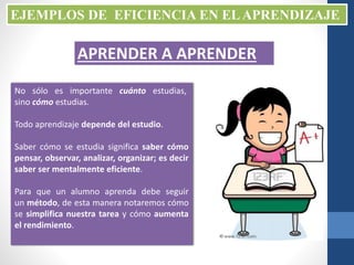 EJEMPLOS DE EFICIENCIA EN ELAPRENDIZAJE
APRENDER A APRENDER
No sólo es importante cuánto estudias,
sino cómo estudias.
Todo aprendizaje depende del estudio.
Saber cómo se estudia significa saber cómo
pensar, observar, analizar, organizar; es decir
saber ser mentalmente eficiente.
Para que un alumno aprenda debe seguir
un método, de esta manera notaremos cómo
se simplifica nuestra tarea y cómo aumenta
el rendimiento.
 