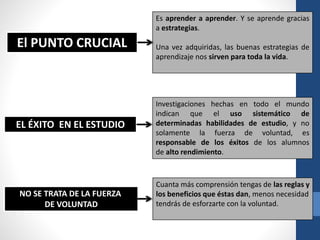 Es aprender a aprender. Y se aprende gracias
a estrategias.
Una vez adquiridas, las buenas estrategias de
aprendizaje nos sirven para toda la vida.
El PUNTO CRUCIAL
Investigaciones hechas en todo el mundo
indican que el uso sistemático de
determinadas habilidades de estudio, y no
solamente la fuerza de voluntad, es
responsable de los éxitos de los alumnos
de alto rendimiento.
EL ÉXITO EN EL ESTUDIO
Cuanta más comprensión tengas de las reglas y
los beneficios que éstas dan, menos necesidad
tendrás de esforzarte con la voluntad.
NO SE TRATA DE LA FUERZA
DE VOLUNTAD
 