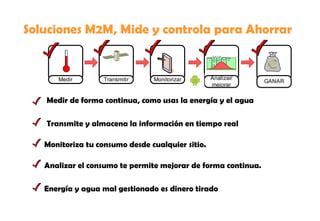 Soluciones M2M, Mide y controla para Ahorrar Medir de forma continua, como usas la energía y el agua Transmite y almacena la información en tiempo real Monitoriza tu consumo desde cualquier sitio. Analizar el consumo te permite mejorar de forma continua. Energía y agua mal gestionado es dinero tirado 