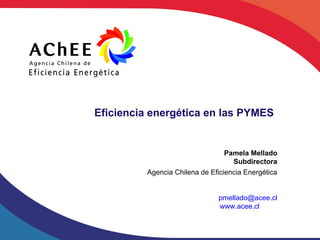 Eficiencia energética en las PYMES


                                  Pamela Mellado
                                    Subdirectora
          Agencia Chilena de Eficiencia Energética


                               pmellado@acee.cl
                               www.acee.cl
 