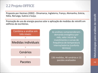 2.2 Projeto OFFICE
Proposto por Hestnes (2002) - Dinamarca, Inglaterra, França, Alemanha, Grécia,




                                                                                 Metodologias para análise de retrofit
Itália, Noruega, Suécia e Suíça;

Promoção de uso de energia passiva solar e aplicação de medidas de retrofit em
edifícios de escritórios.


       Combina a análise em                  As análises compreenderam:
           três níveis:                         demanda energética por
                                                   mês, valor inicial de
                                                investimento e curvas de
     Medidas individuais                      frequência de temperatura
                                               interna/externa (conforto
                                                        térmico)
             Cenários
                                            136 medidas, 46 cenários e 11
                                                 pacotes analisados
              Pacotes




                                                                                 2.
 