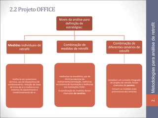 2.2 Projeto OFFICE
                                     Níveis da análise para
                                         definição de




                                                                                                            Metodologias para análise de retrofit
                                          estratégias:




                                        Combinação de                         Combinação de
Medidas individuais de
                                       medidas de retrofit                diferentes cenários de
      retrofit
                                                                                  retrofit




                                      melhorias na envoltória, uso de
     melhoria em isolamento                 técnicas passivas de          compõem um conceito integrado
 térmico, uso de dispositivos de    resfriamento/ventilação, melhorias      de projeto de retrofit, foram
sombreamento, redução de taxas     no sistema de iluminação e melhorias        chamadas de pacotes.
  de troca de ar e melhoria nos            nas instalações HVAC.
   sistemas de aquecimento e                                                 incluem as medidas mais
                                     A combinação de medidas foram           promissoras dos cenários
     condicionamento de ar.              chamadas de cenários.




                                                                                                            2.
 