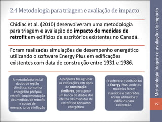 2.4 Metodologia para triagem e avaliação de impacto




                                                                                 Metodologia triagem e avaliação de impacto
Chidiac et al. (2010) desenvolveram uma metodologia
para triagem e avaliação do impacto de medidas de
retrofit em edifícios de escritórios existentes no Canadá.

Foram realizadas simulações de desempenho energético
utilizando o software Energy Plus em edificações
existentes com data de construção entre 1931 e 1986.

  A metodologia inclui       A proposta foi agrupar
                                                      O software escolhido foi
    dados de região         as edificações em tipos
                                                      o Energy Plus, onde os
  climática, consumo             de construção
                                                           modelos foram
   energético pré/pós         similares, para gerar
                                                       inseridos e calibrados.
retrofit, implementação     um banco de dados dos
                                                         Foram utilizados 9
das medidas de retrofit     efeitos das medidas de
                                                           edifícios para
                              retrofit no consumo




                                                                                 2.
       e custos de                                           calibração.
energia, juros e inflação          energético
 