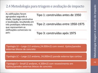 2.4 Metodologia para triagem e avaliação de impacto




                                                                          Metodologia triagem e avaliação de impacto
As edificações foram
agrupadas segundo a
                               Tipo 1: construídas antes de 1950
idade, tipologia construtiva
e localização, resultando em
três protótipos referenciais   Tipo 2: construídas entre 1950-1975
que representam as
edificações comerciais no
país:                          Tipo 3: construídas após 1975



Tipologia LV – Large (12 andares,24.000m2) com revest. tijolos/paredes
externas blocos de concreto

Tipologia LC – Large (12 andares, 24,000m2) parede externa tipo cortina




                                                                          2.
Tipologia S – Small (2 andares, 4.200m2) com resvestimento em
tijolos/paredes externas blocos de concreto
 