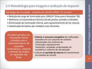 2.4 Metodologia para triagem e avaliação de impacto




                                                                             Metodologia triagem e avaliação de impacto
Estratégia de simulação - medidas de retrofit (ERM): 12 no total
 • Redução de carga de iluminação para 10W/m² (troca para lâmpadas T8);
 • Melhorias na transmitância térmica (U) de janelas, paredes e telhados;
 • Dimerização de iluminação interna, para aproveitamento de luz natural;
 • Substituição de boilers por modelos mais eficientes.


 Os dados gerados nas
   simulações foram        • Estimar o consumo energético das edificações
    utilizados para o        baseadas em um conjunto de variáveis
                             relacionadas com sistemas de
  desenvolvimento de         iluminação, equipamentos
        equações             mecânicos, ocupação, propriedades da
 matemáticas, utilizand      envoltória e sistemas de climatização
  o método de análise      • Cálculo de período de retorno de investimento
    de regressão não         da medidas de retrofit
          linear




                                                                             2.
 