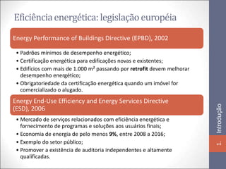 Eficiência energética: legislação européia
Energy Performance of Buildings Directive (EPBD), 2002

 • Padrões mínimos de desempenho energético;
 • Certificação energética para edificações novas e existentes;
 • Edifícios com mais de 1.000 m² passando por retrofit devem melhorar
   desempenho energético;
 • Obrigatoriedade da certificação energética quando um imóvel for
   comercializado o alugado.
Energy End-Use Efficiency and Energy Services Directive




                                                                         Introdução
(ESD), 2006
 • Mercado de serviços relacionados com eficiência energética e
   fornecimento de programas e soluções aos usuários finais;
 • Economia de energia de pelo menos 9%, entre 2008 a 2016;
 • Exemplo do setor público;




                                                                         1.
 • Promover a existência de auditoria independentes e altamente
   qualificadas.
 