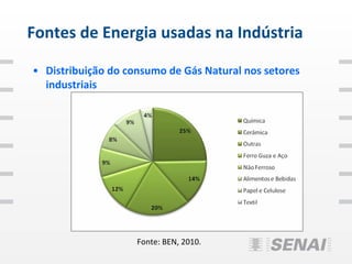 Fontes de Energia usadas na Indústria

• Distribuição do consumo de Gás Natural nos setores
  industriais




                    Fonte: BEN, 2010.
 