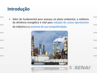 Introdução
• Além de fundamental para avanços no plano ambiental, a melhoria
  da eficiência energética é vital para redução de custos operacionais
   da indústria e o aumento de sua competitividade.
 