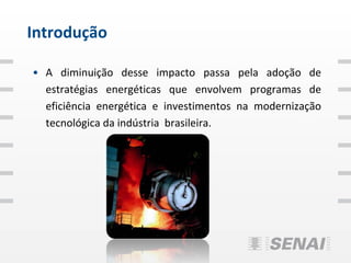 Introdução

• A diminuição desse impacto passa pela adoção de
  estratégias energéticas que envolvem programas de
  eficiência energética e investimentos na modernização
  tecnológica da indústria brasileira.
 