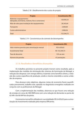 83
SISTEMAS DE ILUMINAÇÃO
Tabela 2.18 - Detalhamento dos custos do projeto
Projeto Investimento (R$)
Materiais e equipamentos
(lâmpadas, luminárias, reatores, fios e conectores)
120.092,53
Mão-de-obra para instalação dos equipamentos 28.345,64
Transporte 2.000,00
Custos administrativos 2.906,56
Total 153.344,73
Tabela 2.19 - Características do contrato de desempenho
Projeto Investimento (R$)
Valor máximo previsto para amortização mensal R$ 6.429,63
Investimento Total R$ 153.344,73
Taxa de desconto 12% ao ano
Número de parcelas 47 prestações
2.7.6. Resultados e benefícios alcançados
Os trabalhos previstos no presente projeto tiveram como resultado, após a
implantação das medidas de otimização dos sistemas de iluminação da Metagal, a
redução das despesas com energia elétrica, trazendo como benefício direto, a redu-
ção dos custos específicos de produção, sendo o mesmo estendido a outras unida-
des da empresa.
Para alcançar estes objetivos, algumas metas de economia foram quantifi-
cadas previamente, trabalho este, apoiado no diagnóstico energético realizado em
conjunto com os profissionais da Metagal.
Com a implementação das medidas, observou-se que houve uma redução
de energia em cerca de 400 MWh/ano com uma redução de demanda na ponta de
62 kW e de 66 kW fora da ponta.
A economia mensal foi utilizada em sua totalidade (R$ 6.429,63) para a amor-
tização do investimento realizado pela empresa Efficientia.
 