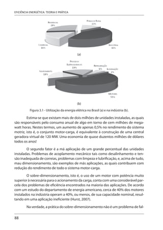 88
EFICIÊNCIA ENERGÉTICA: TEORIA E PRÁTICA
(a)
(b)
Figura 3.1 - Utilização da energia elétrica no Brasil (a) e na indústria (b).
Estima-se que existam mais de dois milhões de unidades instaladas, as quais
são responsáveis pelo consumo anual de algo em torno de cem milhões de mega-
watt horas. Nestes termos, um aumento de apenas 0,5% no rendimento do sistema
motriz, isto é, o conjunto motor-carga, é equivalente à construção de uma central
geradora virtual de 120 MW. Uma economia de quase duzentos milhões de dólares
todos os anos!
O segundo fator é a má aplicação de um grande percentual das unidades
instaladas. Problemas de acoplamento mecânico tais como desalinhamento e ten-
são inadequada de correias, problemas com limpeza e lubrificação, e, acima de tudo,
mau dimensionamento, são exemplos de más aplicações, as quais contribuem com
redução do rendimento de todo o sistema motor-carga.
O sobre-dimensionamento, isto é, o uso de um motor com potência muito
superior à necessária para o acionamento da carga, conta com uma considerável par-
cela dos problemas de eficiência encontrados na maioria das aplicações. De acordo
com um estudo do departamento de energia americano, cerca de 40% dos motores
instalados na indústria operam a 40%, ou menos, de sua capacidade nominal, resul-
tando em uma aplicação ineficiente (Hurst, 2007).
Na verdade, a prática do sobre-dimensionamento não é um problema de fal-
 