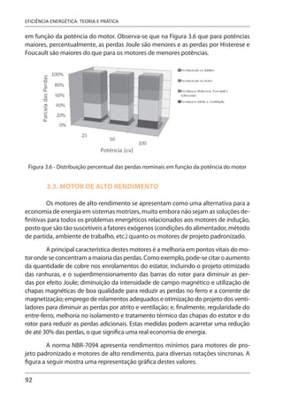 92
EFICIÊNCIA ENERGÉTICA: TEORIA E PRÁTICA
em função da potência do motor. Observa-se que na Figura 3.6 que para potências
maiores, percentualmente, as perdas Joule são menores e as perdas por Histerese e
Foucault são maiores do que para os motores de menores potências.
Figura 3.6 - Distribuição percentual das perdas nominais em função da potência do motor
3.3. MOTOR DE ALTO RENDIMENTO
Os motores de alto rendimento se apresentam como uma alternativa para a
economia de energia em sistemas motrizes, muito embora não sejam as soluções de-
finitivas para todos os problemas energéticos relacionados aos motores de indução,
posto que são tão suscetíveis a fatores exógenos (condições do alimentador, método
de partida, ambiente de trabalho, etc.) quanto os motores de projeto padronizado.
A principal característica destes motores é a melhoria em pontos vitais do mo-
tor onde se concentram a maioria das perdas. Como exemplo, pode-se citar o aumento
da quantidade de cobre nos enrolamentos do estator, incluindo o projeto otimizado
das ranhuras, e o superdimensionamento das barras do rotor para diminuir as per-
das por efeito Joule; diminuição da intensidade de campo magnético e utilização de
chapas magnéticas de boa qualidade para reduzir as perdas no ferro e a corrente de
magnetização; emprego de rolamentos adequados e otimização do projeto dos venti-
ladores para diminuir as perdas por atrito e ventilação; e, finalmente, regularidade do
entre-ferro, melhoria no isolamento e tratamento térmico das chapas do estator e do
rotor para reduzir as perdas adicionais. Estas medidas podem acarretar uma redução
de até 30% das perdas, o que significa uma real economia de energia.
A norma NBR-7094 apresenta rendimentos mínimos para motores de pro-
jeto padronizado e motores de alto rendimento, para diversas rotações síncronas. A
figura a seguir mostra uma representação gráfica destes valores.
 