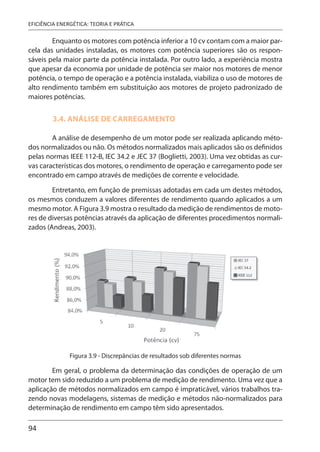 94
EFICIÊNCIA ENERGÉTICA: TEORIA E PRÁTICA
Enquanto os motores com potência inferior a 10 cv contam com a maior par-
cela das unidades instaladas, os motores com potência superiores são os respon-
sáveis pela maior parte da potência instalada. Por outro lado, a experiência mostra
que apesar da economia por unidade de potência ser maior nos motores de menor
potência, o tempo de operação e a potência instalada, viabiliza o uso de motores de
alto rendimento também em substituição aos motores de projeto padronizado de
maiores potências.
3.4. ANÁLISE DE CARREGAMENTO
A análise de desempenho de um motor pode ser realizada aplicando méto-
dos normalizados ou não. Os métodos normalizados mais aplicados são os definidos
pelas normas IEEE 112-B, IEC 34.2 e JEC 37 (Boglietti, 2003). Uma vez obtidas as cur-
vas características dos motores, o rendimento de operação e carregamento pode ser
encontrado em campo através de medições de corrente e velocidade.
Entretanto, em função de premissas adotadas em cada um destes métodos,
os mesmos conduzem a valores diferentes de rendimento quando aplicados a um
mesmo motor. A Figura 3.9 mostra o resultado da medição de rendimentos de moto-
res de diversas potências através da aplicação de diferentes procedimentos normali-
zados (Andreas, 2003).
Figura 3.9 - Discrepâncias de resultados sob diferentes normas
Em geral, o problema da determinação das condições de operação de um
motor tem sido reduzido a um problema de medição de rendimento. Uma vez que a
aplicação de métodos normalizados em campo é impraticável, vários trabalhos tra-
zendo novas modelagens, sistemas de medição e métodos não-normalizados para
determinação de rendimento em campo têm sido apresentados.
 