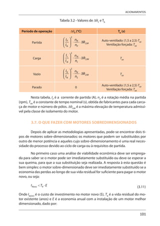 101
ACIONAMENTOS
Tabela 3.2 - Valores de ΔθF
e TA
Período de operação ΔθF
(°C) TA
(s)
Partida
Auto-ventilado: (1,5 a 2,5)⋅TAR
Ventilação forçada: TAR
Carga TAR
Vazio TAR
Parado 0
Auto-ventilado: (1,5 a 2,5)⋅TAR
Ventilação forçada: TAR
Nesta tabela, IP
é a corrente de partida (A), nP
é a rotação média na partida
(rpm), TAR
é a constante de tempo nominal (s), obtida de fabricantes para cada carca-
ça de motor e número de pólos. ΔθLIM
é a máxima elevação de temperatura admissí-
vel pela classe de isolamento do motor.
3.7. O QUE FAZER COM MOTORES SOBREDIMENSIONADOS
Depois de aplicar as metodologias apresentadas, pode-se encontrar dois ti-
pos de motores sobre-dimensionados: os motores que podem ser substituídos por
outro de menor potência e aqueles cujo sobre-dimensionamento é uma real neces-
sidade do processo devido ao ciclo de carga ou à requisitos de partida.
No primeiro caso uma análise de viabilidade econômica deve ser emprega-
da para saber se o motor pode ser imediatamente substituído ou deve-se esperar a
sua queima, para que a sua substituição seja realizada. A resposta à esta questão é
bem simples: o motor sobre-dimensionado deve ser imediatamente substituído se a
economia das perdas ao longo de sua vida residual for suficiente para pagar o motor
novo, ou seja:
(3.11)
Onde INOVO
é o custo de investimento no motor novo ($), TR
é a vida residual do mo-
tor existente (anos) e E é a economia anual com a instalação de um motor melhor
dimensionado, dado por:
 