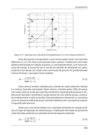 105
ACIONAMENTOS
Figura 3.14 - Operação com válvula de estrangulamento (1) e com rotação variável (2)
Estes dois pontos correspondem a uma mesma vazão, porém com pressões
diferentes, H1
e H2
. Por estar a uma pressão maior, o ponto 1 resultará em uma maior
potência demandada em relação ao ponto 2, e, conseqüentemente, a um maior con-
sumo de energia. A economia com o uso de um controle de velocidade em substi-
tuição de uma válvula, ΔE, é dada como uma função da parcela ΔH, ponderado pelo
número de horas, t, que opera nesta condição.
(3.15)
Outra técnica também utilizada para controle de vazão utilizando válvulas
é o sistema chamado recirculação. Neste sistema, a bomba opera 100% do tempo
com vazão máxima, sendo que a parcela excedente à requerida pelo processo é sim-
plesmente desviada e devolvida à sucção através de uma válvula by-pass, conecta-
da imediatamente à saída da bomba. Este procedimento claramente se caracteriza
como um processo ineficiente já que a bomba trabalhará com uma potência superior
à requerida pelo processo.
Neste caso, a economia obtida com a operação da bomba em rotação variá-
vel, em lugar da operação da válvula by-pass, é dada pela eliminação da parcela de
vazão desviada, podendo ser calculada através da seguinte expressão.
(3.16)
 