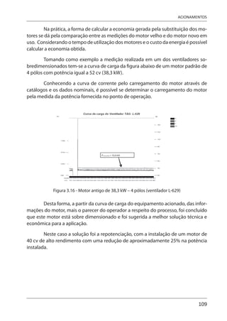 109
ACIONAMENTOS
Na prática, a forma de calcular a economia gerada pela substituição dos mo-
tores se dá pela comparação entre as medições do motor velho e do motor novo em
uso. Considerando o tempo de utilização dos motores e o custo da energia é possível
calcular a economia obtida.
Tomando como exemplo a medição realizada em um dos ventiladores so-
bredimensionados tem-se a curva de carga da figura abaixo de um motor padrão de
4 pólos com potência igual a 52 cv (38,3 kW).
Conhecendo a curva de corrente pelo carregamento do motor através de
catálogos e os dados nominais, é possível se determinar o carregamento do motor
pela medida da potência fornecida no ponto de operação.
Figura 3.16 - Motor antigo de 38,3 kW – 4 pólos (ventilador L-629)
Desta forma, a partir da curva de carga do equipamento acionado, das infor-
mações do motor, mais o parecer do operador a respeito do processo, foi concluído
que este motor está sobre dimensionado e foi sugerida a melhor solução técnica e
econômica para a aplicação.
Neste caso a solução foi a repotenciação, com a instalação de um motor de
40 cv de alto rendimento com uma redução de aproximadamente 25% na potência
instalada.
 