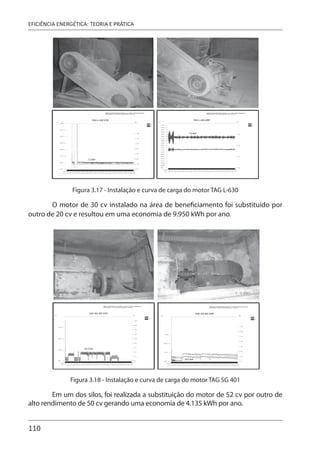 110
EFICIÊNCIA ENERGÉTICA: TEORIA E PRÁTICA
Figura 3.17 - Instalação e curva de carga do motor TAG L-630
O motor de 30 cv instalado na área de beneficiamento foi substituído por
outro de 20 cv e resultou em uma economia de 9.950 kWh por ano.
Figura 3.18 - Instalação e curva de carga do motor TAG SG 401
Em um dos silos, foi realizada a substituição do motor de 52 cv por outro de
alto rendimento de 50 cv gerando uma economia de 4.135 kWh por ano.
 