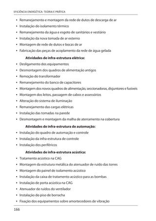 166
EFICIÊNCIA ENERGÉTICA: TEORIA E PRÁTICA
Remanejamento e montagem da rede de dutos de descarga de ar
Instalação do isolamento térmico
Remanejamento da água e esgoto de sanitários e vestiário
Instalação da nova tomada de ar externo
Montagem de rede de dutos e bocas de ar
Fabricação das peças de acoplamento da rede de água gelada
Atividades de infra-estrutura elétrica:
Desligamento dos equipamentos
Desmontagem dos quadros de alimentação antigos
Remoção do transformador
Remanejamento do banco de capacitores
Montagem dos novos quadros de alimentação, seccionadoras, disjuntores e fusíveis
Montagem dos leitos, passagem de cabos e assessórios
Alteração do sistema de iluminação
Remanejamento das cargas elétricas
Instalação das tomadas na parede
Desmontagem e montagem da malha de aterramento na cobertura
Atividades de infra-estrutura de automação:
Instalação do quadro de automação e controle
Instalação da infra-estrutura de controle
Instalação dos periféricos
Atividades de infra-estrutura acústica:
Tratamento acústico na CAG
Montagem da estrutura metálica do atenuador de ruído das torres
Montagem do painel de isolamento acústico
Instalação da caixa de tratamento acústico para as bombas
Instalação de porta acústica na CAG
Atenuador de ruídos do ventilador
Instalação do piso de borracha
Fixação dos equipamentos sobre amortecedores de vibração
•
•
•
•
•
•
•
•
•
•
•
•
•
•
•
•
•
•
•
•
•
•
•
•
•
•
•
 