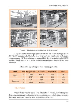167
CONDICIONAMENTO AMBIENTAL
Figura 4.9 - Instalação dos equipamentos do novo sistema
A capacidade total de refrigeração instalada nos três sistemas antigos era de
420 TR, distribuídos em 8 chillers. No novo sistema, foram instalados 3 chillers com
capacidades de 110 TR, totalizando uma capacidade de refrigeração igual a 330 TR.
Isso foi possível devido à redução do coeficiente de performance – COP desses equi-
pamentos.
Tabela 4.15 - Especificações dos novos equipamentos
GERAL Qtd Equipamento Fabricante Capacidade unid.
Térreo
3 Chiller Hitachi 110 TR
4 BAGP KSB 55,2 m3/h
Cobertura
4 BAC KSB 69,8 m3/h
4 Torres Alfaterm 4 cv
4.9.5. Prazos
O período de implantação do novo sistema foi de 9 meses, incluindo o prazo
de entrega dos equipamentos, desmontagem dos sistemas anteriores e montagem
do novo, o projeto e a execução foram realizados pela Servtec.
 