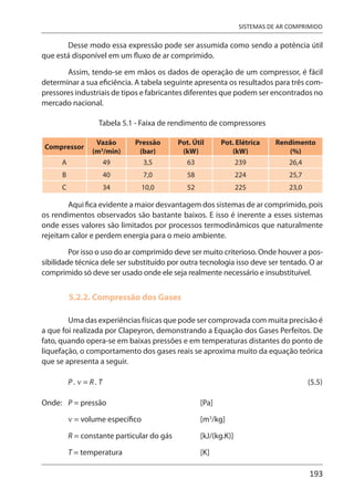 193
SISTEMAS DE AR COMPRIMIDO
Desse modo essa expressão pode ser assumida como sendo a potência útil
que está disponível em um fluxo de ar comprimido.
Assim, tendo-se em mãos os dados de operação de um compressor, é fácil
determinar a sua eficiência. A tabela seguinte apresenta os resultados para três com-
pressores industriais de tipos e fabricantes diferentes que podem ser encontrados no
mercado nacional.
Tabela 5.1 - Faixa de rendimento de compressores
Compressor
Vazão
(m3
/min)
Pressão
(bar)
Pot. Útil
(kW)
Pot. Elétrica
(kW)
Rendimento
(%)
A 49 3,5 63 239 26,4
B 40 7,0 58 224 25,7
C 34 10,0 52 225 23,0
Aqui fica evidente a maior desvantagem dos sistemas de ar comprimido, pois
os rendimentos observados são bastante baixos. E isso é inerente a esses sistemas
onde esses valores são limitados por processos termodinâmicos que naturalmente
rejeitam calor e perdem energia para o meio ambiente.
Por isso o uso do ar comprimido deve ser muito criterioso. Onde houver a pos-
sibilidade técnica dele ser substituído por outra tecnologia isso deve ser tentado. O ar
comprimido só deve ser usado onde ele seja realmente necessário e insubstituível.
5.2.2. Compressão dos Gases
Uma das experiências físicas que pode ser comprovada com muita precisão é
a que foi realizada por Clapeyron, demonstrando a Equação dos Gases Perfeitos. De
fato, quando opera-se em baixas pressões e em temperaturas distantes do ponto de
liquefação, o comportamento dos gases reais se aproxima muito da equação teórica
que se apresenta a seguir.
P . ν = R . T (5.5)
Onde: P = pressão [Pa]
ν = volume específico [m3
/kg]
R = constante particular do gás [kJ/(kg.K)]
T = temperatura [K]
 