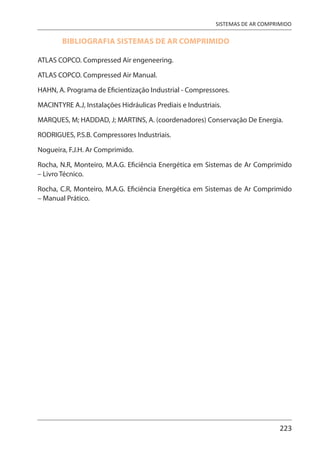 223
SISTEMAS DE AR COMPRIMIDO
BIBLIOGRAFIA SISTEMAS DE AR COMPRIMIDO
ATLAS COPCO. Compressed Air engeneering.
ATLAS COPCO. Compressed Air Manual.
HAHN, A. Programa de Eficientização Industrial - Compressores.
MACINTYRE A.J, Instalações Hidráulicas Prediais e Industriais.
MARQUES, M; HADDAD, J; MARTINS, A. (coordenadores) Conservação De Energia.
RODRIGUES, P.S.B. Compressores Industriais.
Nogueira, F.J.H. Ar Comprimido.
Rocha, N.R, Monteiro, M.A.G. Eficiência Energética em Sistemas de Ar Comprimido
– Livro Técnico.
Rocha, C.R, Monteiro, M.A.G. Eficiência Energética em Sistemas de Ar Comprimido
– Manual Prático.
 