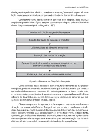 3
GERENCIAMENTO ENERGÉTICO
de diagnóstico preliminar e básico, para obter as informações requeridas para a formu-
lação e acompanhamento desse programa de redução de desperdícios de energia.
Considerando uma abordagem bem genérica, a ser adaptada caso a caso, a
seqüência apresentada na figura a seguir, pode ser adotada para o desenvolvimento
de um diagnóstico energético (Nogueira, 1990).
Figura 1.1 - Etapas de um Diagnóstico Energético
Como resultado destas atividades e um produto fundamental do diagnóstico
energético, pode ser preparado então o relatório, que é um documento que sintetiza
o trabalho de levantamento empreendido e deve apresentar, de forma convincente,
as recomendações e conclusões. A seguir apresenta-se um possível conteúdo de um
relatório de diagnóstico energético. Entre parênteses indicam-se os temas que tipi-
camente podem ser abordados em cada tópico.
Observa-se que esta listagem se propõe a separar claramente a avaliação da
situação real encontrada (Estudos Energéticos), que retrata o quadro encontrado,
dos estudos prospectivos (Análise de Racionalização de Energia), que definem con-
dições a serem atingidas. Estas etapas podem ser efetuadas de forma independente,
e, mesmo, por profissionais diferentes, entretanto, esta estrutura não é rígida e pode-
riam ser apresentadas as sugestões e alternativas para a racionalização dos sistemas
elétricos, térmicos e mecânicos na seqüência imediata de sua avaliação.
 
