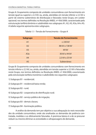 10
EFICIÊNCIA ENERGÉTICA: TEORIA E PRÁTICA
Grupo A: Grupamento composto de unidades consumidoras com fornecimento em
tensão igual ou superior a 2,3 kV, ou, ainda, atendidas em tensão inferior a 2,3 kV a
partir de sistema subterrâneo de distribuição e faturadas neste Grupo, em caráter
opcional, nos termos definidos na Resolução ANEEL nº 456/2000, caracterizado pela
estruturação tarifária binômia e subdividido nos subgrupos A1, A2, A3, A3a, A4 e AS.
A tabela seguinte apresenta estes subgrupos.
Tabela 1.1 - Tensão de Fornecimento – Grupo A
Subgrupo Tensão de Fornecimento
A1 ≥ 230 kV
A2 88 kV a 138 kV
A3 69 kV
A3a 30 kV a 44 kV
A4 2,3 kV a 25 kV
AS Subterrâneo
Grupo B: Grupamento composto de unidades consumidoras com fornecimento em
tensão inferior a 2,3 kV, ou, ainda, atendidas em tensão superior a 2,3 kV e faturadas
neste Grupo, nos termos definidos na Resolução ANEEL nº 456/2000, caracterizado
pela estruturação tarifária monômia e subdividido nos seguintes subgrupos:
1) Subgrupo B1 - residencial;
2) Subgrupo B1 - residencial baixa renda;
3) Subgrupo B2 - rural;
4) Subgrupo B2 - cooperativa de eletrificação rural;
5) Subgrupo B2 - serviço público de irrigação;
6) Subgrupo B3 - demais classes;
7) Subgrupo B4 - iluminação pública.
A análise da demanda tem por objetivo a sua adequação às reais necessida-
des da unidade consumidora, onde são analisadas as demandas de potência con-
tratada, medidas e as efetivamente faturadas. A premissa básica é a de se procurar
reduzir ou mesmo eliminar as ociosidades e ultrapassagens de demanda.
 